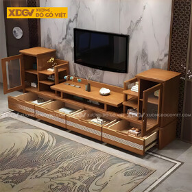 Kệ Tivi Gỗ Sồi Nhiều Ngăn Kéo Kết Hợp Tủ Cánh Kính 2 Buồng