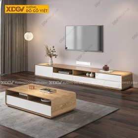 Kệ Gỗ Veneer Tivi Màu Sồi Phối Trắng 6 Ngăn Hộc Kéo