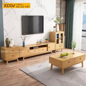 Kệ Tivi Phòng Khách Veneer Vân Sồi Chân Trụ Tiện