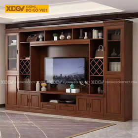 Kệ Tivi Kèm Tủ Trưng Bày Gỗ Gõ Đỏ Kết Hợp Kệ Rượu Và Tủ Kính