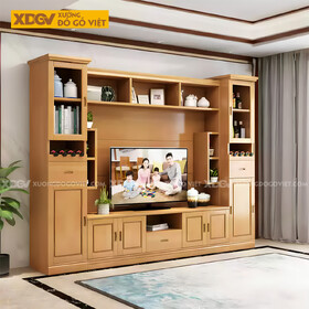 Kệ Tivi Liền Tủ Để Đồ Trang Trí Gỗ Sồi Kết Hợp Cánh Kính