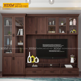 Kệ Tivi Liền Tủ Gỗ Óc Chó Tự Nhiên Kết Hợp Cánh Kính Trong