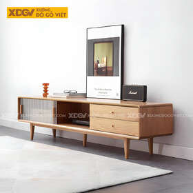 Kệ Tivi Phòng Khách Gỗ Sồi Hiện Đại Cánh Kính Lùa Gân Mờ