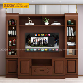 Kệ Tivi Phòng Khách Gỗ Sồi Liền Tủ Đối Xứng 2 Bên Kính...