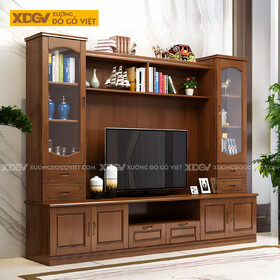 Kệ Tivi Sồi Liền Tủ Cánh Kính Tích Hợp Ngăn Kéo Và Kệ Trên