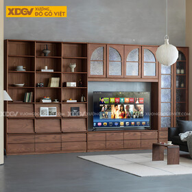 Kệ Tivi Sồi Nhiều Hộc Ngăn Kéo Kết Hợp Tủ Cánh Kính Gân Mờ