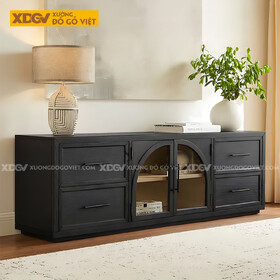 Kệ Tivi Trang Trí Gỗ Sồi Đặt Sàn 2 Tầng Sơn Đen Giữ Vân Đẹp