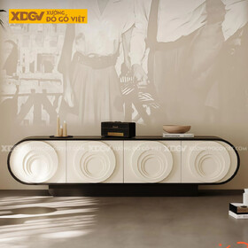 Kệ Tivi Trưng Bày Gỗ Cao Su Họa Tiết Nổi Vòng Tròn Đồng Tâm