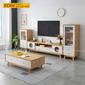 Kệ Tủ Tivi Phòng Khách Gỗ Sồi Cánh Kính Gân Mờ Hiện Đại