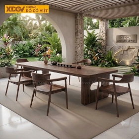 Mẫu Bàn Ăn Gỗ Óc Chó Cổ Điển 2 Chân Trụ Nguyên Tấm Khoét Lỗ