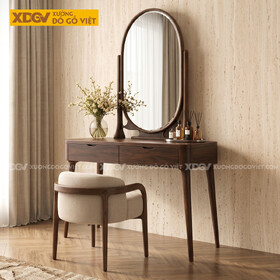 Mẫu Bàn Phấn Hiện Đại Gỗ Óc Chó Phối Gương Oval Sang Trọng