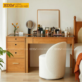 Mẫu Bàn Trang Điểm Phòng Khách Gỗ Sồi Chân Cao Mặt Phối Kính