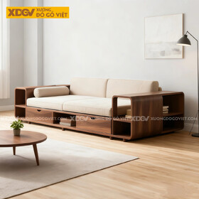 Mẫu Bộ Sofa Gỗ Óc Chó Tay Hộp Vuông Cuộn Tích Hợp Kệ Độc...
