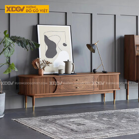 Mẫu Kệ Để Tivi Gỗ Óc Chó Bo Cong Chân Cao Phối Nan Trang Nhã