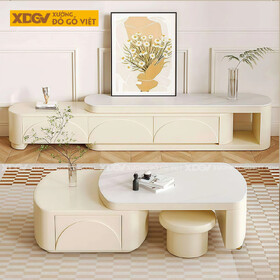 Mẫu Kệ Để Tivi Phòng Khách Gỗ Cao Su Dáng Bệ Vệ Phối Mặt Đá