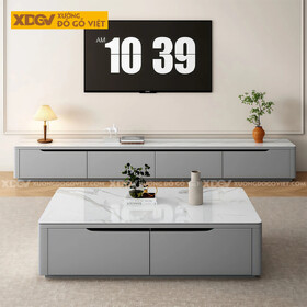 Mẫu Kệ Để Tivi Phòng Khách Gỗ MDF Tích hợp Mặt Đá Sang Trọng