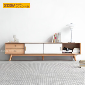 Mẫu Kệ Để Tivi Sồi Mỹ 2 Cánh Trượt Màu Trắng Tay Nắm Gỗ