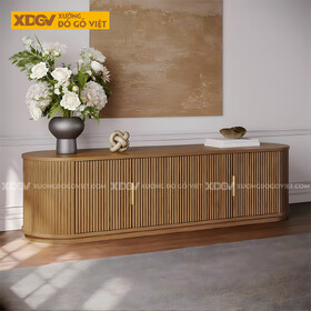 Mẫu Kệ Tivi Đặt Sàn Gỗ Sồi Nan Dọc Bo Tròn Hình Oval Đẹp
