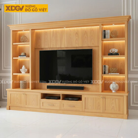 Mẫu Kệ Tivi Kèm Tủ Phòng Khách Gỗ Gõ Đỏ Phối Kệ Mở Đèn Led