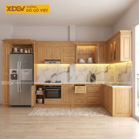 Mẫu Tủ Bếp Gỗ Sồi Dáng Chữ L Đa Ngăn Lưu Trữ Ốp Đá Trắng