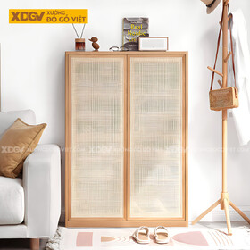 Mẫu Tủ Đựng Giày Sồi Thịt Khung Gỗ Cánh Đan Mây Tự Nhiên