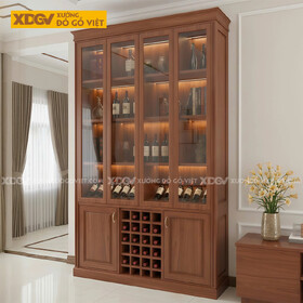 Mẫu Tủ Đựng Rượu Gỗ Gõ Đỏ Phối Cánh Kính Kèm Kệ Rượu Chia Ô