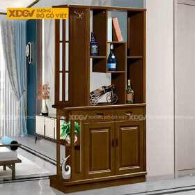 Mẫu Tủ Rượu Gỗ Cao Su Phòng Khách Phối Kệ Trang Trí Đa Tầng