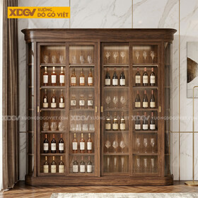 Mẫu Tủ Rượu Gỗ Óc Chó Bo Góc Cửa Lùa Phối Kính Sang Trọng