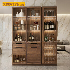 Mẫu Tủ Rượu Hiện Đại Gỗ Óc Chó Kết Hợp Tủ Kính Kèm Ngăn Kéo