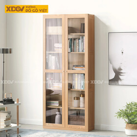Mẫu Tủ Sách Tối Giản Gỗ Sồi Mỹ Chân Bệt Phối Kính Sang Trọng