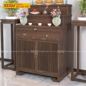 Mẫu Tủ Thờ 2 Tầng Trang Nghiêm Gỗ Óc Chó Phối 2 Cánh Nan Dọc