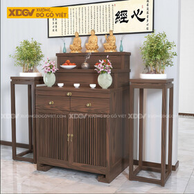 Mẫu Tủ Thờ 2 Tầng Trang Nghiêm Gỗ Óc Chó Phối 2 Cánh Nan Dọc