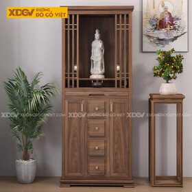 Mẫu Tủ Thờ Dáng Cao Gỗ Óc Chó Kèm Dãy Ngăn Kéo Dọc Trung Tâm