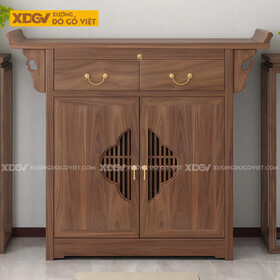 Mẫu Tủ Thờ Gỗ Óc Chó Kèm Ngăn Kéo Và Tai Cong Chạm Nhẹ 2 Bên