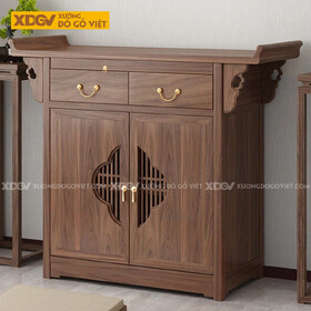 Mẫu Tủ Thờ Gỗ Óc Chó Kèm Ngăn Kéo Và Tai Cong Chạm Nhẹ 2 Bên