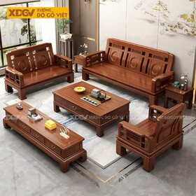 Sofa Gỗ Gõ Đỏ Lưng Cong Chạm Vòng Tròn Zen Hiện Đại