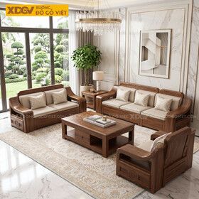 Sofa Gỗ Óc Chó Kiểu Hộp Lưng Chạm Chạm Hoa Sen Tay 14cm