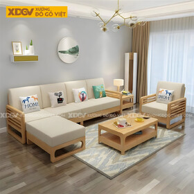 Sofa Phòng Khách Gỗ Cao Su Tay Vịn Nan Bo Tròn Góc Liền Chân
