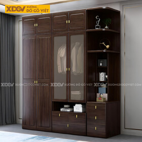 Tủ Áo 4 Cánh Gỗ Lim Khung Pano Bo Góc Tay Nắm Kim Loại Vàng