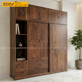 Tủ Áo Gỗ Óc Chó Áp Trần Kết Hợp Cánh Lùa Kèm Kệ Trang Trí