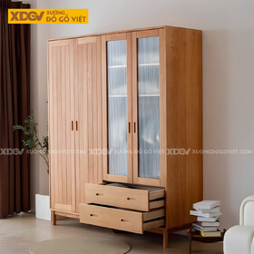 Tủ Áo Gỗ Sồi Hiện Đại Cánh Khung Tranh Dát Nan Kín Tay Âm