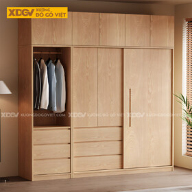 Tủ Áo Gỗ Veneer Sồi Hiện Đại Cửa Lùa Mở Có Tủ Trên Tiện...
