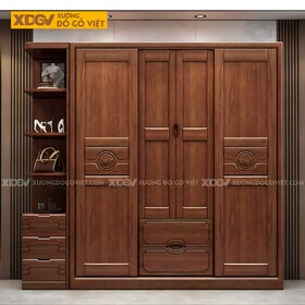 Tủ Áo Gỗ Căm Xe Cổ Điển Họa Tiết Nghệ Thuật Có Kệ Bên