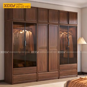 Tủ Áo Gỗ Óc Chó Cửa Gỗ Tay Nắm Dài Và Cửa Kính Khung Nhôm