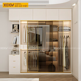 Tủ Áo Phòng Ngủ Gỗ MDF 2 Cánh Trượt Khung Nhôm Kính Trong