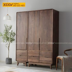 Tủ Áo Quần Đôi Gỗ Óc Chó Thịt Bo Góc Chân Cao Tay Âm Dưới