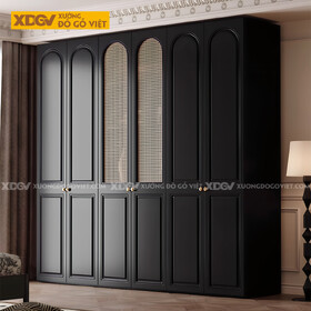 Tủ Áo Quần Gỗ Cao Su Đen Tân Cổ Điển Cánh Mái Vòm Đan Mây