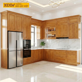 Tủ Bếp Gỗ Gõ Đỏ Vuông Góc Bố Trí Nhiều Ngăn Tủ Siêu Lưu Trữ