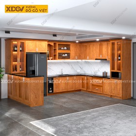 Tủ Bếp Gỗ Gõ Đỏ Veneer Kiểu Chữ U Có Quầy Bar và Tủ Rượu