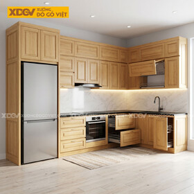 Tủ Bếp Gỗ Sồi Tự Nhiên Phối Cánh Pano Dáng Chữ L Nhiều Ngăn